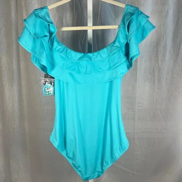 NWT Kate Spade New York Off Shoulder Ruffle Swimsuit in River Blue - Size XL - Picture 7 of 7